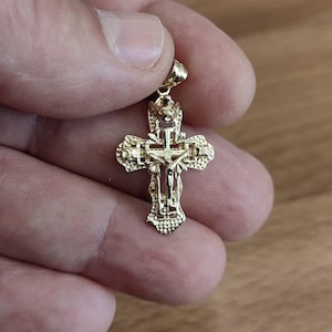 14k Gold Orthodox Cross Pendant: Inlaid Crucifix