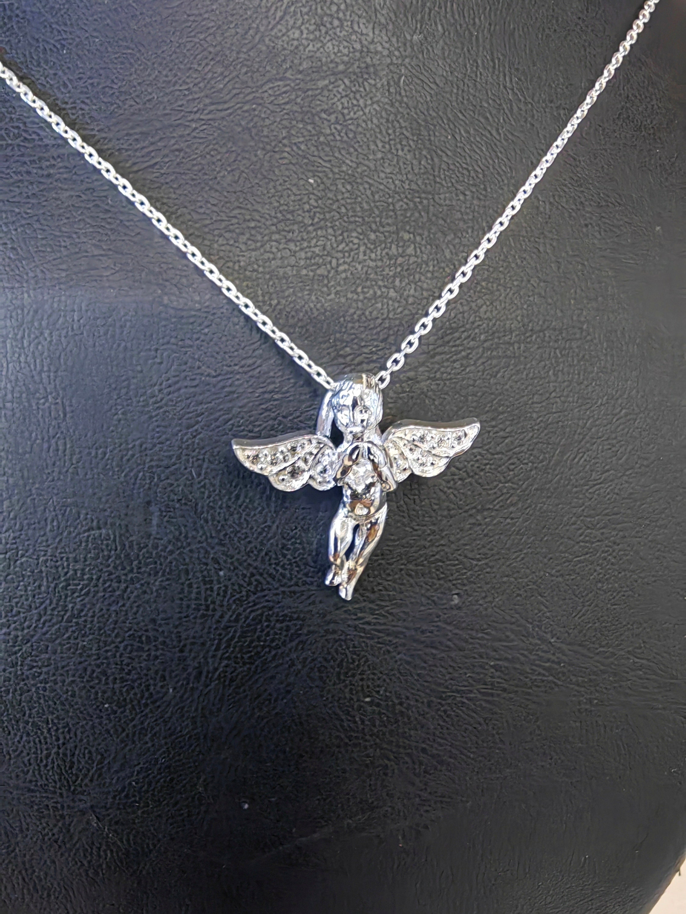 Collier Vintage Ailes Et Cœur En Argent 925 - Chaîne 41-45 Cm - Strass - Occasion