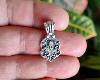Silver icon with the Holy Virgin Mary of the Seven Arrows, solid 925 sterling silver Eastern Orthodox icon, sterling silver necklace