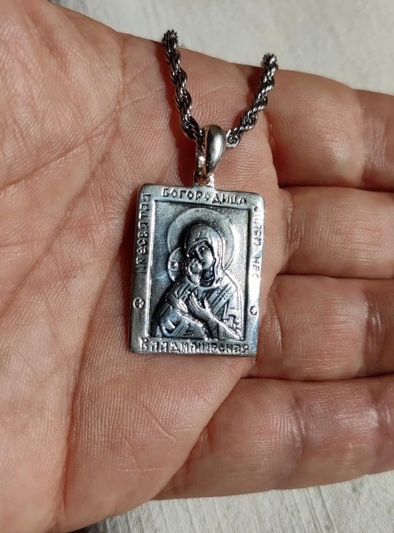 Silver Icon of Virgin Mary, Theotokos Silver Pendant Medallion, Virgin Mary Pendant Necklace, Gift for Her, Gift for Him, Gift for Mom