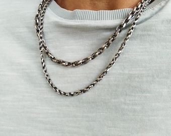 Collar de cadena de plata de ley, collar de cadena trenzada de plata de ley oxidada, regalo para él.