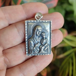 3D Virgin Mary Icon Pendant: Sterling Silver Theotokos Medallion