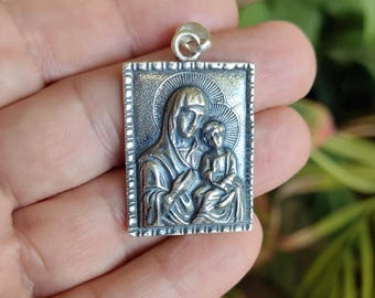 3D Virgin Mary Icon Pendant: Sterling Silver Theotokos Medallion, Silver Icon Necklace, Religious Gift, Gift for Mother, Gift for Him
