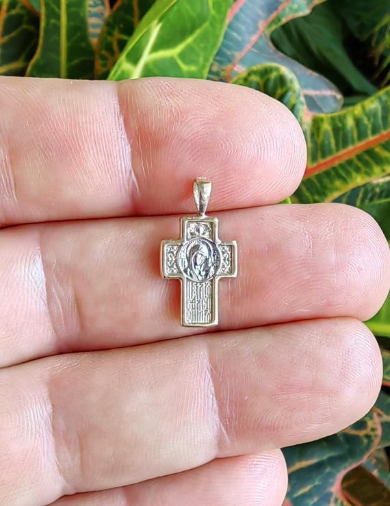 14K Gold Cross Pendant: Virgin Mary and Jesus Crucifix, Gold Cross