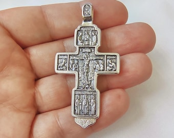 Sterling Silver Orthodox Cross Pendant: Ornate Crucifixion Necklace, Men's Large Orthodox Silver Cross, Gift for Her, Religious gift