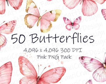 Imágenes prediseñadas de mariposa rosa en acuarela, mariposas en acuarela, arte imprimible PNG, descarga digital, 300 DPI, uso comercial, paquete de imágenes de sublimación