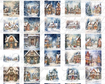 48 Christmas Home Village Scenery Clipart Pack Watercolor JPG Digital Download 300 DPI Commercial Use Digital Paper Holiday Image Bundle