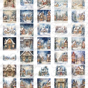 48 Natale Home Village Scenery Clipart Pack Acquerello JPG Download digitale 300 DPI Uso commerciale Carta digitale Vacanza Immagine Bundle