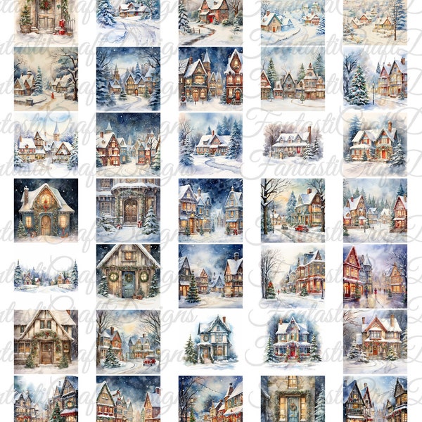 48 Christmas Home Village Scenery Clipart Pack Watercolor JPG Digital Download 300 DPI Commercial Use Digital Paper Holiday Image Bundle
