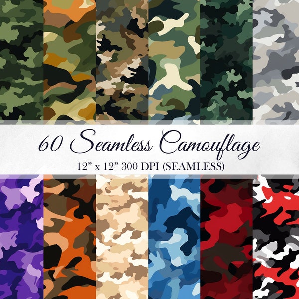 60 Camouflage numérique papier militaire Pack sans couture différents modèles couleurs arrière-plans Scrapbooks Texture utilisation commerciale JPG 300 DPI JPEG