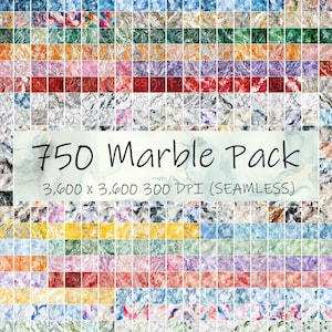 May include: A collection of 750 seamless marble texture patterns in a variety of colors. Each pattern is 3,600 x 3,600 pixels at 300 DPI.