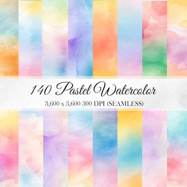 140 Pastel Watercolor Digital Paper Gradients Ombre Pack Seamless Soft Tones Backgrounds Scrapbooks Texture Commercial Use PNGs 300 DPI