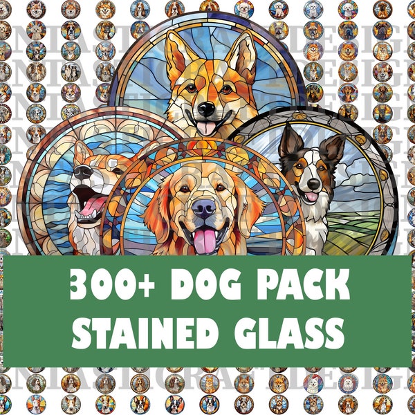 300 Stained Glass Dogs Pack Transparent Circle PNG Digital Download 300 DPI Commercial Use Sublimation Poodles Husky Pug Cute Clipart Bundle