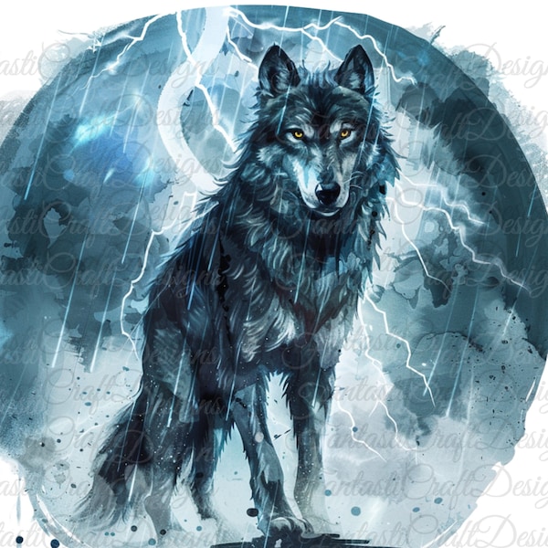 32 Wolf Thunder Lightning Animal Watercolor Clipart Lone Wolf Pack PNG Digital Download 300 DPI Commercial Use Sublimation Art Image Bundle