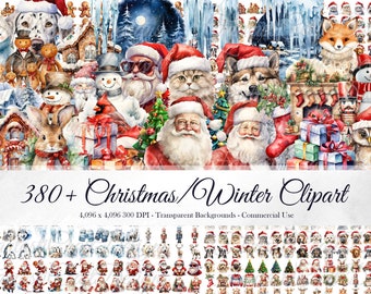 Plus de 380 cliparts Noël et hiver en téléchargement numérique, 300 ppp à usage commercial, sublimation aquarelle, carte de Noël, fabrication de cartes, pack d'images