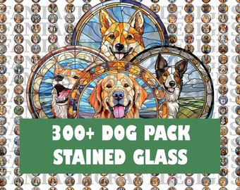 Könnte beinhalten: Eine Sammlung von über 300 Buntglasbildern mit Hunden verschiedener Rassen. Die Bilder sind rund und zeigen ein farbenfrohes Buntglasdesign. Der Text "300+ DOG PACK STAINED GLASS" wird in grünem Text auf grünem Hintergrund angezeigt.