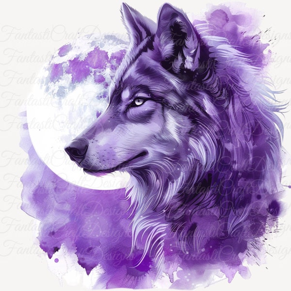 Wolf Purple Forest Animal Watercolor Moon Clipart Wolves 32 Pack PNG Digital Download 300 DPI Commercial Use Sublimation Art Image Bundle