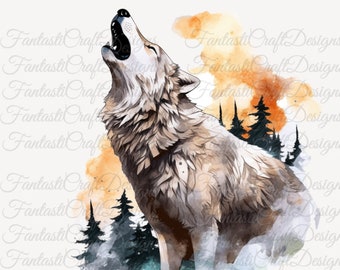 Wolf Howling Forest Animal Watercolor Clipart Wolves 12 Pack Art PNG Digital Download 300 DPI Commercial Use Sublimation Art Image Bundle