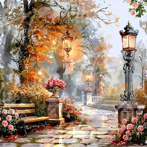 Könnte beinhalten: Ein impressionistisches Gemälde einer Parkszene mit einem Steinweg, Bänken und verzierten Laternen. Das Kunstwerk zeigt lebendige Herbstfarben mit rosa Rosen und orangefarbenem Laub. Eine dekorative Urne ist mit rosa Blumen gefüllt.