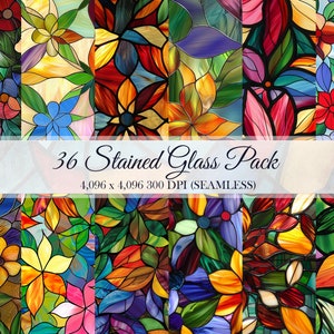 Stained Glass Digital Paper Pack of36 Flower Pattern Seamless Stained Glass Tile Scrapbooks Sublimation Commercial Use JPEGs 300 DPI Texture