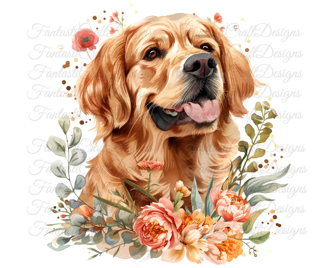 15 Golden Retriever Floral Flowers Dog Watercolor Clipart Printable JPG ...