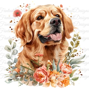 15 ゴールデン レトリバーの花柄の犬の水彩画クリップアート 印刷可能 JPG PNG デジタル ダウンロード 300 DPI 商用利用 昇華画像バンドル