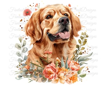 Puede incluir: Una pintura de acuarela de un perro golden retriever con un arreglo floral a su alrededor. El perro está mirando hacia la derecha y tiene la lengua afuera. Las flores son en tonos de rosa, naranja y amarillo.