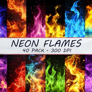 Neon Flammen Regenbogen Feuer Digitale Papierbeschaffenheit 40 Paket Muster Hintergrund Gelb Rosa Rot Blau Feuer Textur Kommerzielle Nutzung JPG 300 DPI JPEG