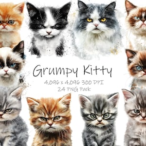 Grumpy Kitten Cat Kitty Animal Cats Cute 24 Pack Watercolor Clipart Printable PNG Digital Download 300 DPI Commercial Use Sublimation Image
