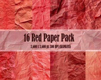 Red Wrinkled Paper Digital Paper Texture 16 Pack Seamless Different Patterns Backgrounds Scrapbooks Texture Commercial Use JPG 300 DPI JPEG