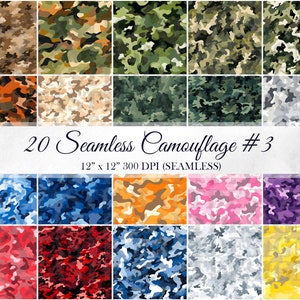 20 Camouflage Digital Paper Military Pack Seamless Different Patterns Colors Backgrounds Scrapbooks Texture Commercial Use JPGs 300 DPI JPEG