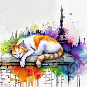 May include: Watercolor painting of a sleeping orange and white cat on a brick ledge, with the Eiffel Tower and a colorful cityscape in the background. The artwork has a whimsical, artistic style with paint splatters and soft color gradients.