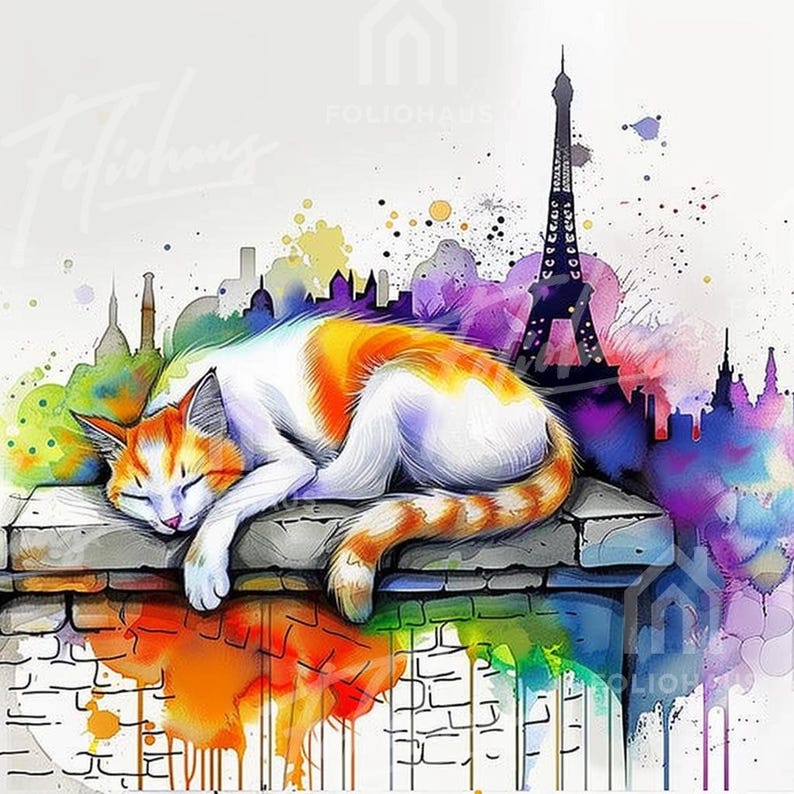 May include: Watercolor painting of a sleeping orange and white cat on a brick ledge, with the Eiffel Tower and a colorful cityscape in the background. The artwork has a whimsical, artistic style with paint splatters and soft color gradients.