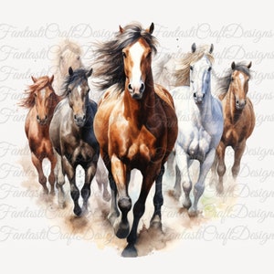 12 caballos caballo manada pony animal acuarela clipart imprimible PNG JPG Descarga digital 300 DPI Uso comercial Sublimación Arte Imagen Paquete