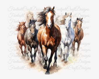 12 Horses Horse Herd Pony Animal Watercolor Clipart Printable PNG JPG Digital Download 300 DPI Commercial Use Sublimation Art Image Bundle
