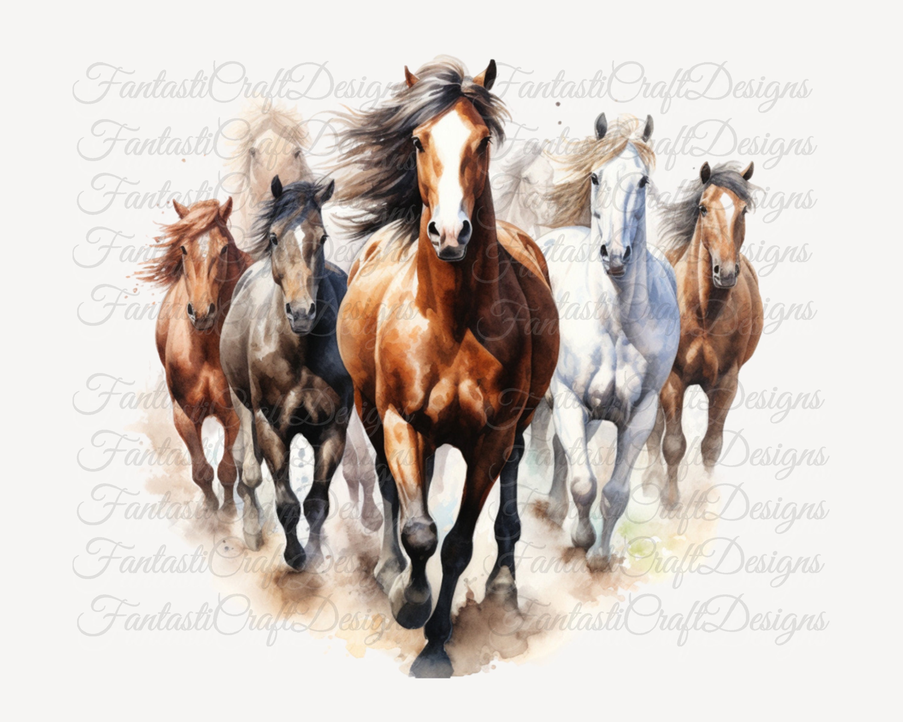 12 Horses Horse Herd Pony Animal Watercolor Clipart Printable PNG JPG Digital Download 300 DPI Commercial Use Sublimation Art Image Bundle