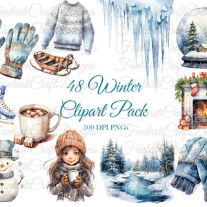 48 Pacote de clipart de inverno Natal neve clipart PNG download digital 300 DPI uso comercial papel digital cartão de férias fazendo pacote de imagens artísticas