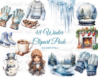 48 Winter Clipart Pack Christmas Snow Clipart PNG Digital Download 300 DPI Commercial Use Digital Paper Holiday Card Making Art Image Bundle
