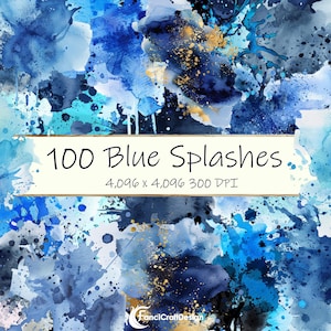 Può includere: 100 schizzi di acquerello blu in varie tonalità di blu, turchese e bianco con accenti dorati. L'immagine è di 4.096 x 4.096 pixel a 300 DPI.