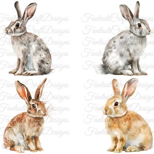 May include: Watercolor illustrations of four rabbits in various poses. The rabbits have long ears and are depicted in shades of gray, brown, and tan. The artwork has a soft, artistic style, perfect for Easter or spring-themed projects.
