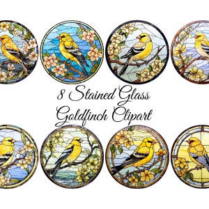 8 Stained Glass Goldfinch Bird Pack Transparent Circle PNG Digital Download 300 DPI Commercial Use Sublimation Yellow Bird Ornament Clipart