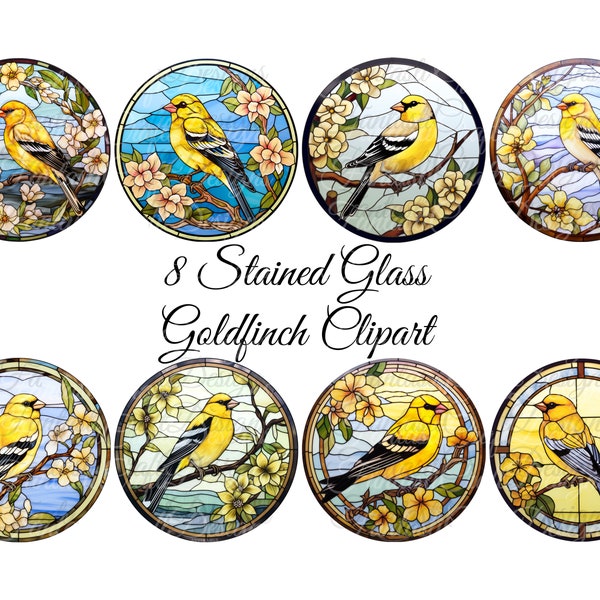 8 Stained Glass Goldfinch Bird Pack Transparent Circle PNG Digital Download 300 DPI Commercial Use Sublimation Yellow Bird Ornament Clipart