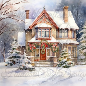 10 Christmas Home Village Scenery Clipart Pack #5 Watercolor JPG Digital Download 300 DPI Commercial Use Digital Paper Holiday Image Bundle