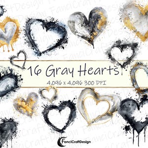 May include: A set of 16 watercolour heart graphics in shades of grey and gold. The hearts are painted with a splattered effect and have a distressed look. The graphics are perfect for adding a touch of romance to your designs.