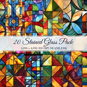 Stained Glass Digital Paper Pack of 20 Pattern Seamless Stained Glass Tile Art Scrapbooks Sublimation Commercial Use JPEGs 300 DPI Texture