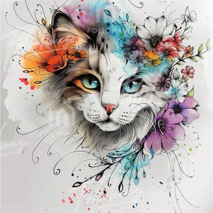 May include: Watercolor illustration of a cat's face with vibrant blue eyes, adorned with colorful flowers and foliage. The artwork features a mix of orange, pink, purple, and blue hues, with delicate lines and splashes of color.