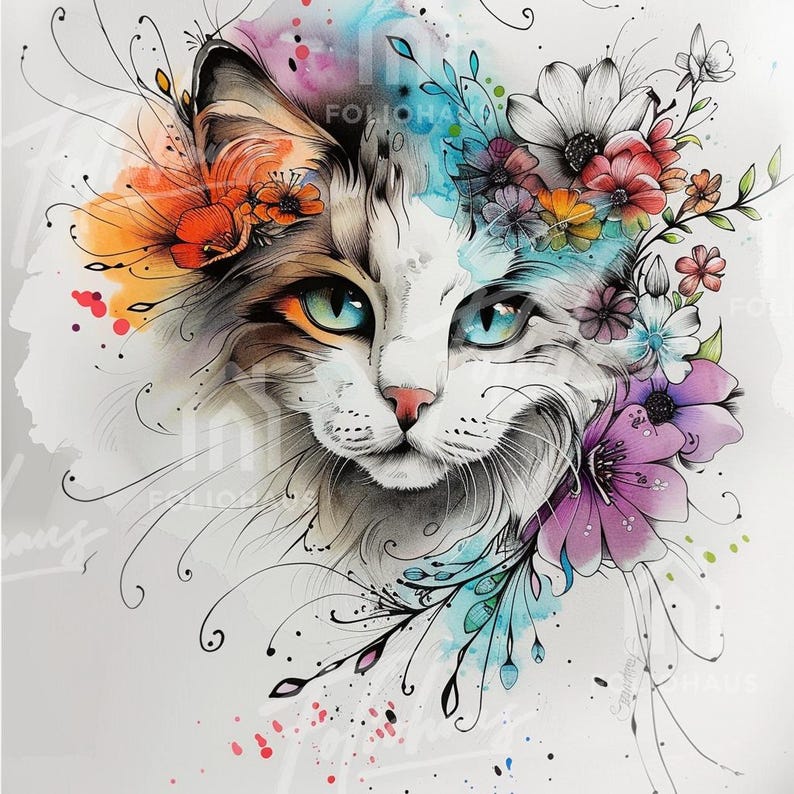 May include: Watercolor illustration of a cat's face with vibrant blue eyes, adorned with colorful flowers and foliage. The artwork features a mix of orange, pink, purple, and blue hues, with delicate lines and splashes of color.