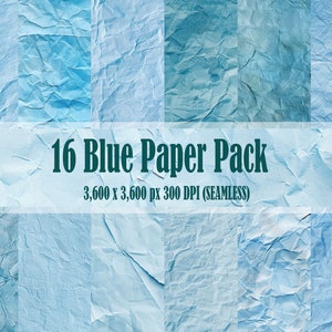 Blue Wrinkled Paper Digital Paper Texture 16 Pack Seamless Different Patterns Backgrounds Scrapbooks Texture Commercial Use JPG 300 DPI JPEG