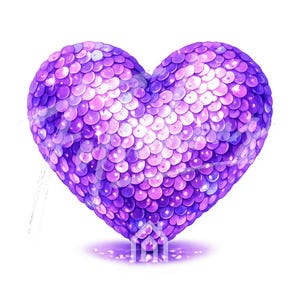 May include: A heart-shaped design covered in purple sequins. The sequins create a textured, shimmering effect, with shades of light and dark purple. The heart is centered on a white background, creating a striking visual.