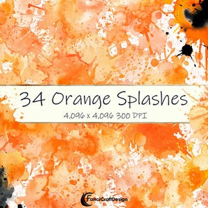 Könnte beinhalten: 34 orangefarbene Aquarellspritzer auf weißem Hintergrund. Die Spritzer sind in verschiedenen Größen und Formen. Der Text "34 Orange Splashes 4.096 x 4.096 300 DPI" befindet sich in der Mitte des Bildes.